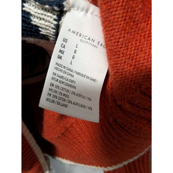 American Eagle Mens Large Rust Orange Aztec Knit Hoodie Sweater Blue White *FLAW - Picture 7 of 7